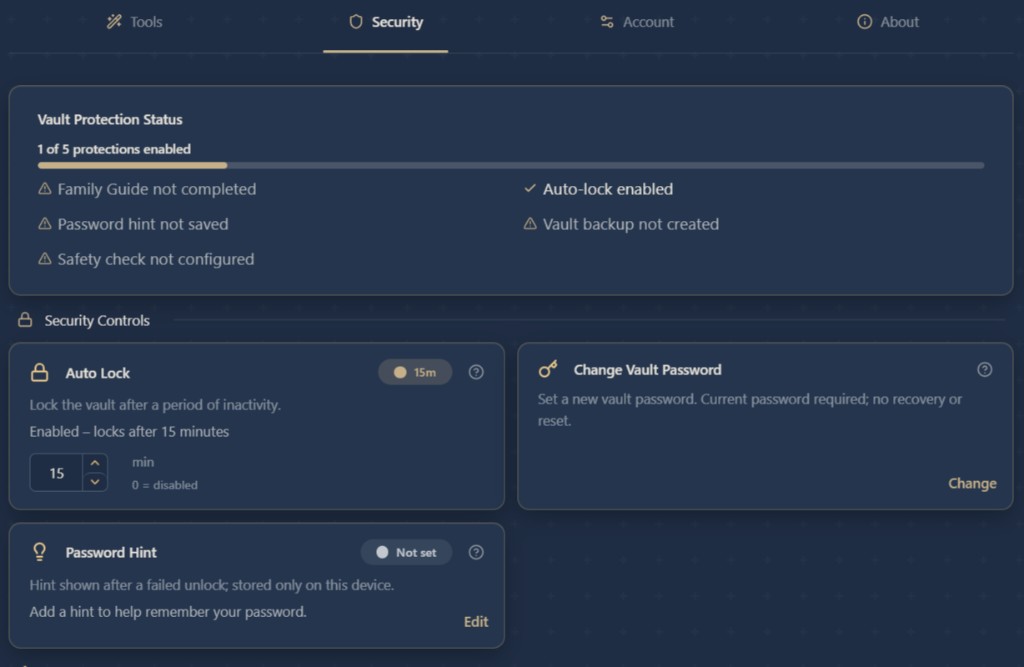 Local Legacy Vault app: Security tab showing Vault Protection Status, progress, and Security Controls including Auto Lock, Change Vault Password, and Password Hint.